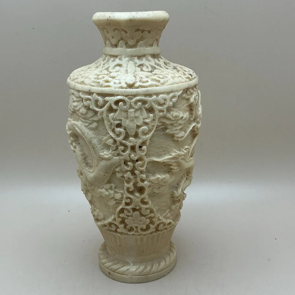 Vintage Faux Ivory Resin Dragon Vase Carved Asian Chinoiserie‎ 6 3/8